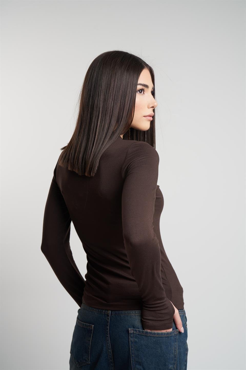 Yarım Balıkçı Basic Uzun Kol Bluz Kahve