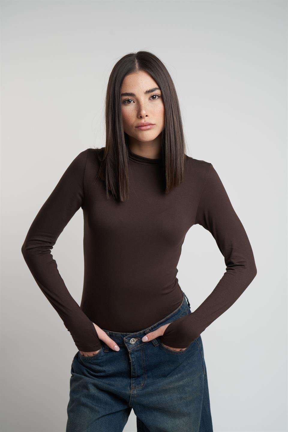 Yarım Balıkçı Basic Uzun Kol Bluz Kahve