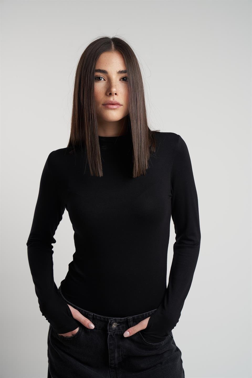Yarım Balıkçı Basic Uzun Kol Bluz Siyah