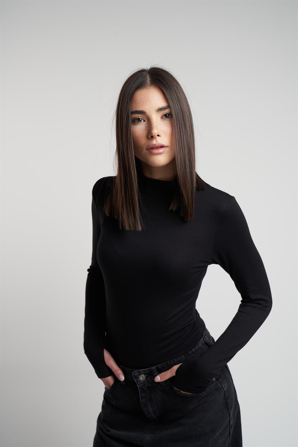 Yarım Balıkçı Basic Uzun Kol Bluz Siyah