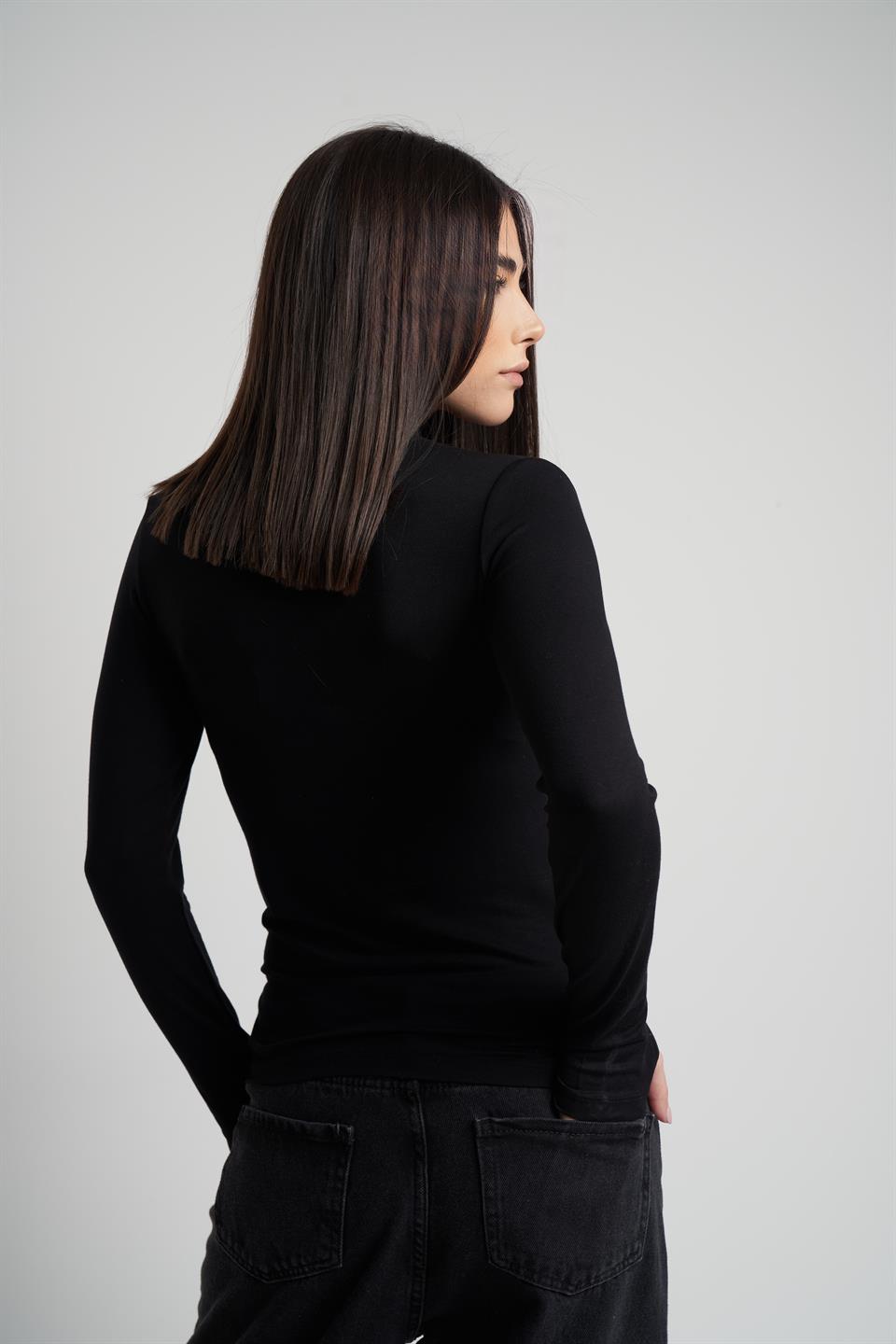Yarım Balıkçı Basic Uzun Kol Bluz Siyah