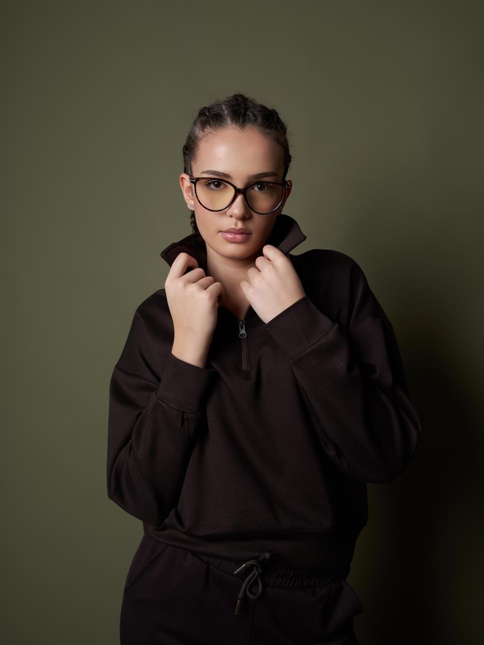 Yarım Fermuar Modal Kısa Sweatshirt Kahve