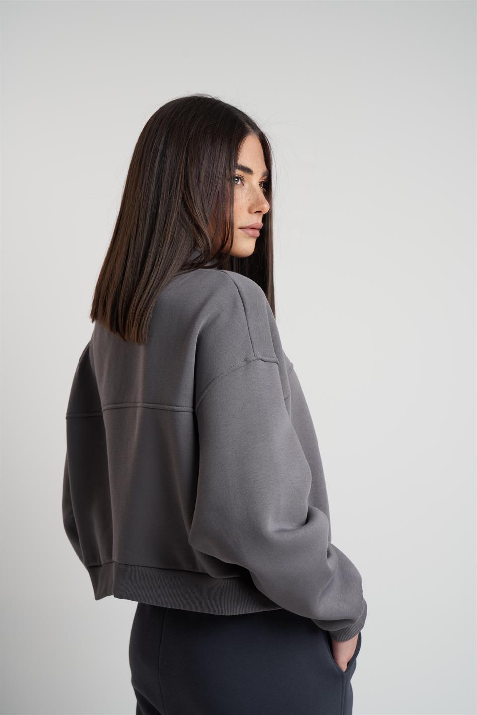 Yarım Fermuar Şardonlu Kısa Sweatshirt Gri