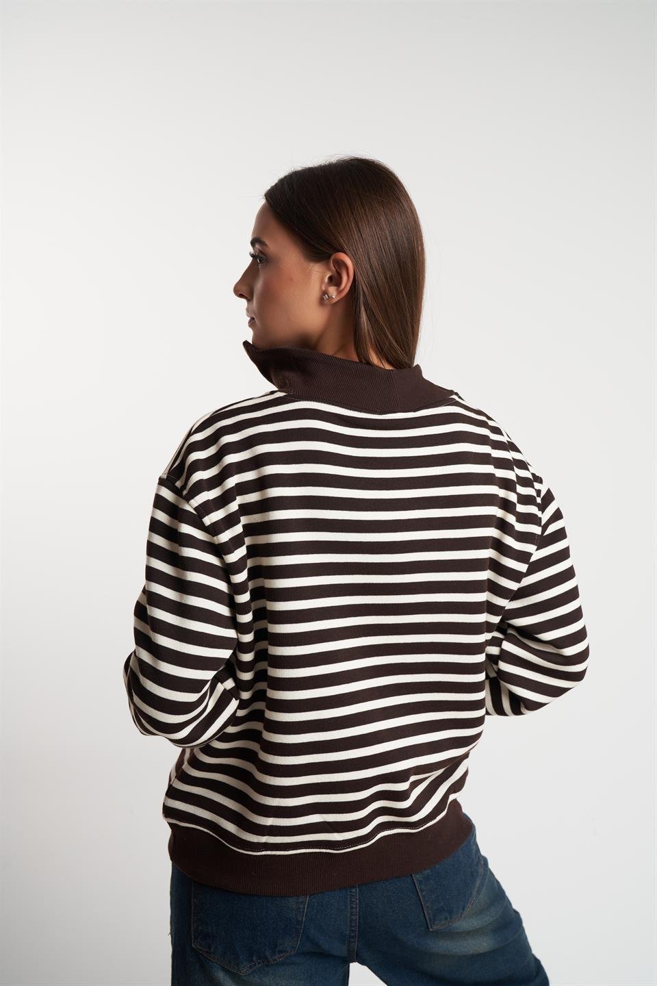 Yarım Fermuar Şardonlu Sweatshirt Kahve-Krem