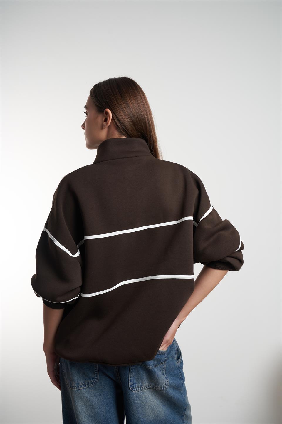 Yarım Fermuar Şardonlu Sweatshirt Kahve