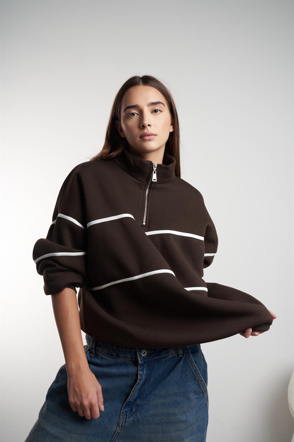 Yarım Fermuar Şardonlu Sweatshirt Kahve