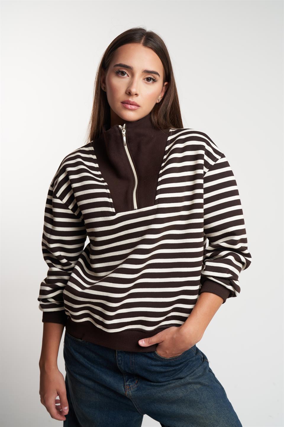 Yarım Fermuar Şardonlu Sweatshirt Kahve-Krem