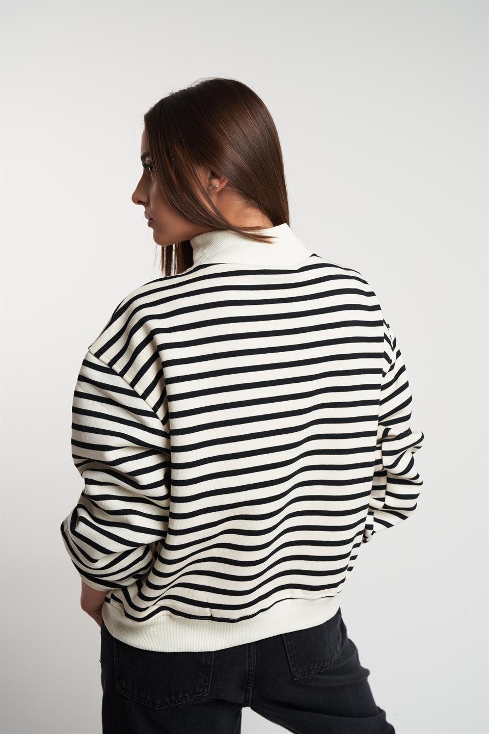 Yarım Fermuar Şardonlu Sweatshirt Krem-Siyah