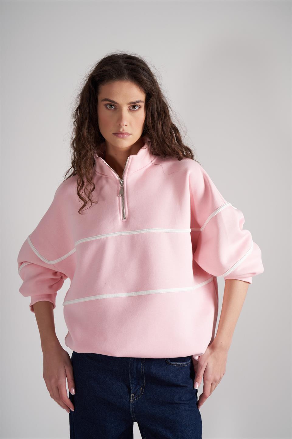 Yarım Fermuar Şardonlu Sweatshirt Toz Pembe