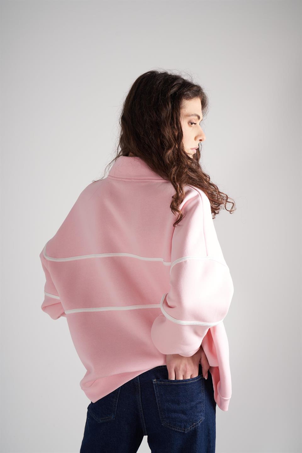 Yarım Fermuar Şardonlu Sweatshirt Toz Pembe
