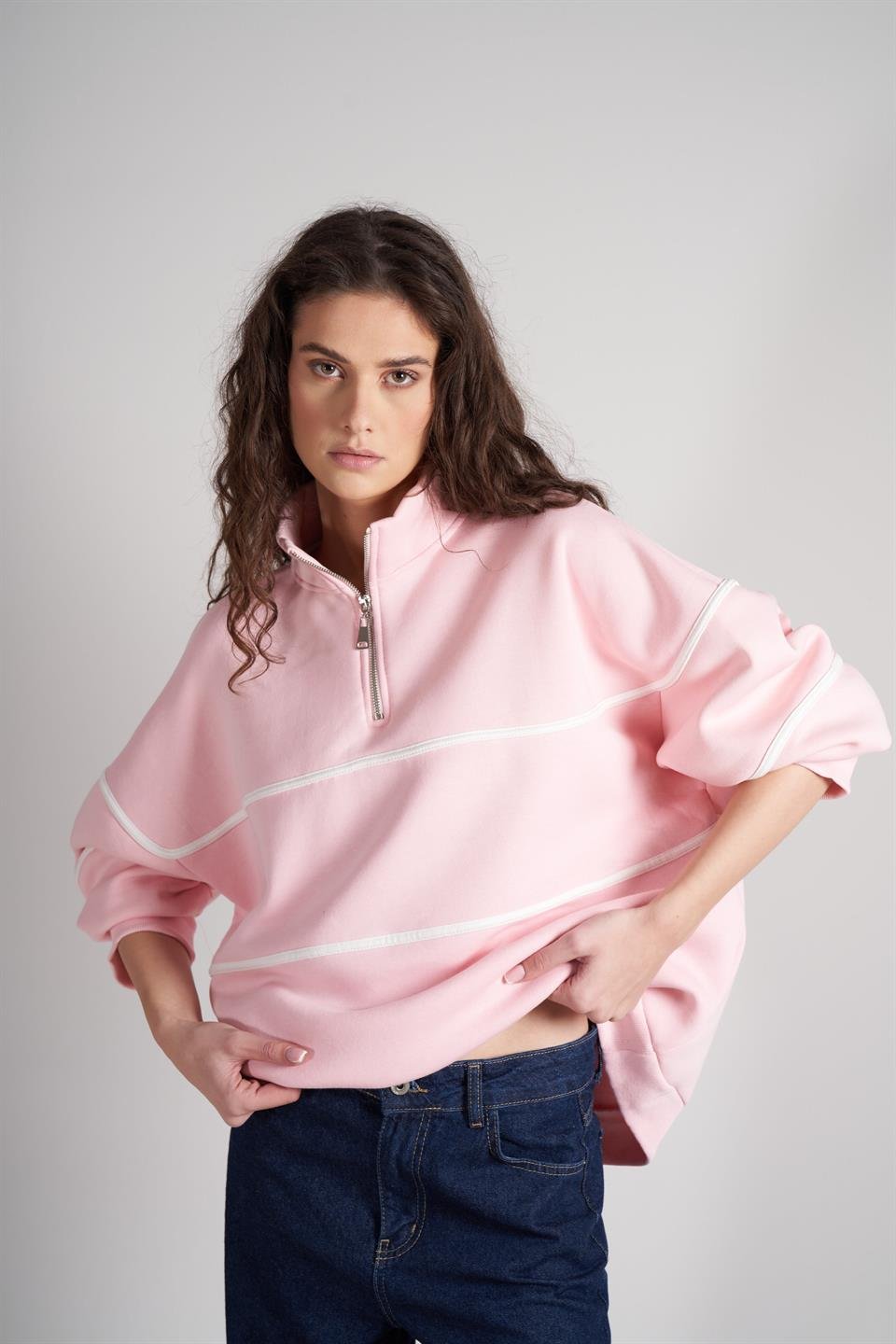 Yarım Fermuar Şardonlu Sweatshirt Toz Pembe
