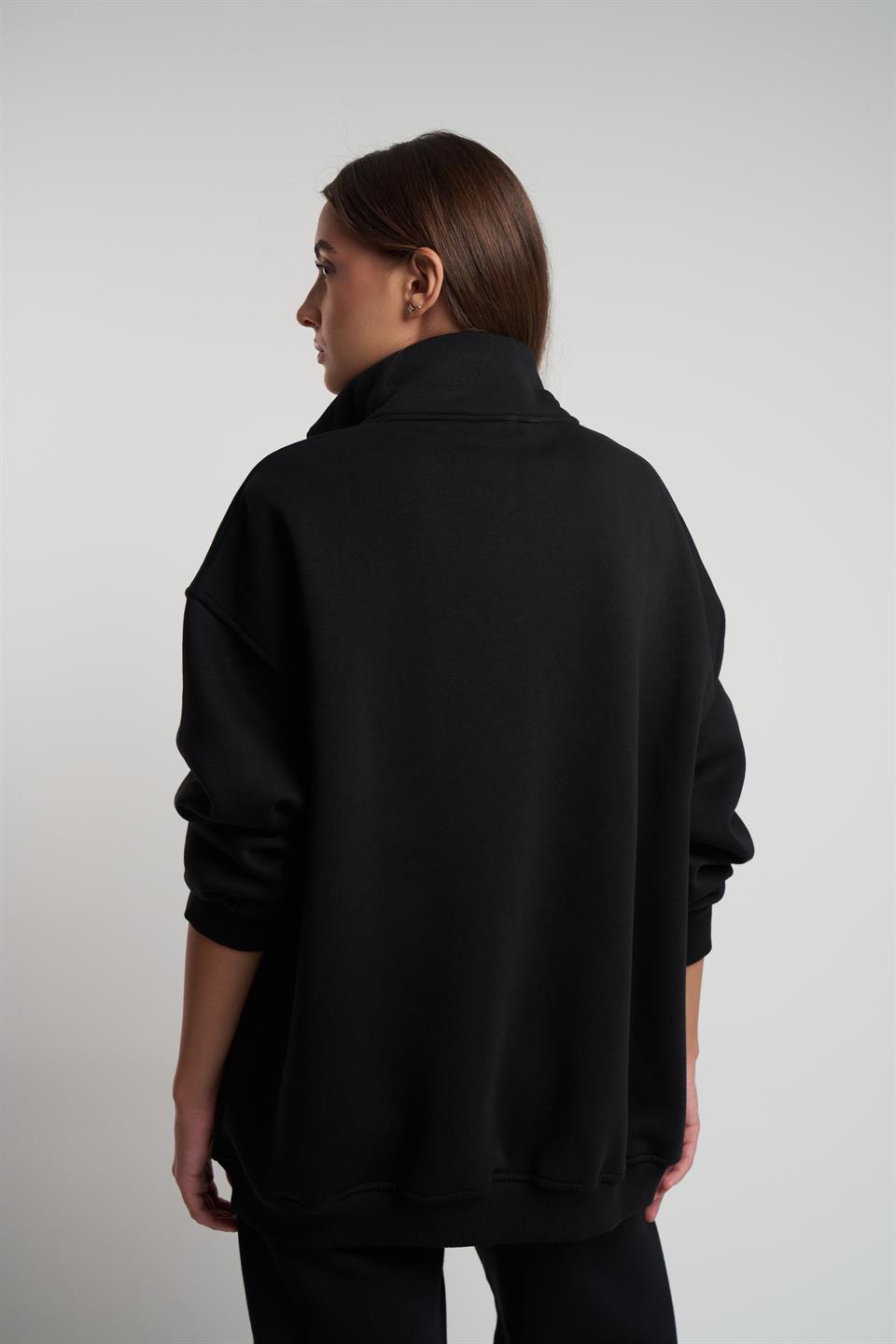 Yarım Fermuar Şardonlu Uzun Sweatshirt Siyah