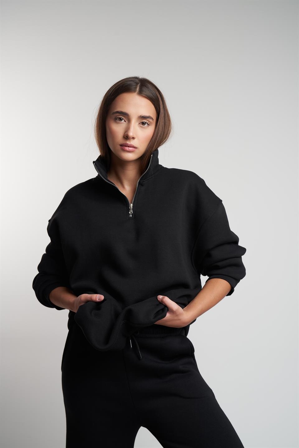 Yarım Fermuar Şardonlu Uzun Sweatshirt Siyah