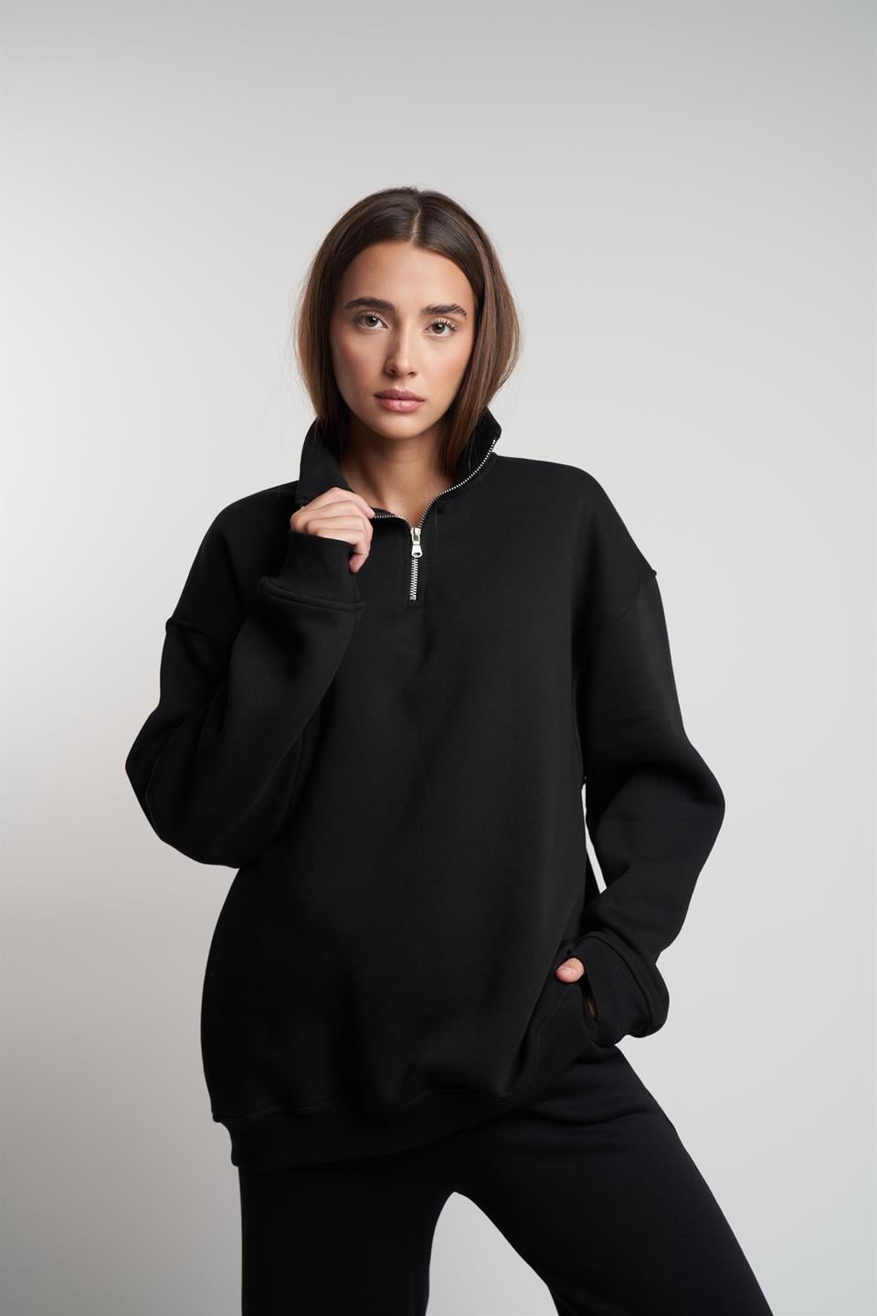 Yarım Fermuar Şardonlu Uzun Sweatshirt Siyah