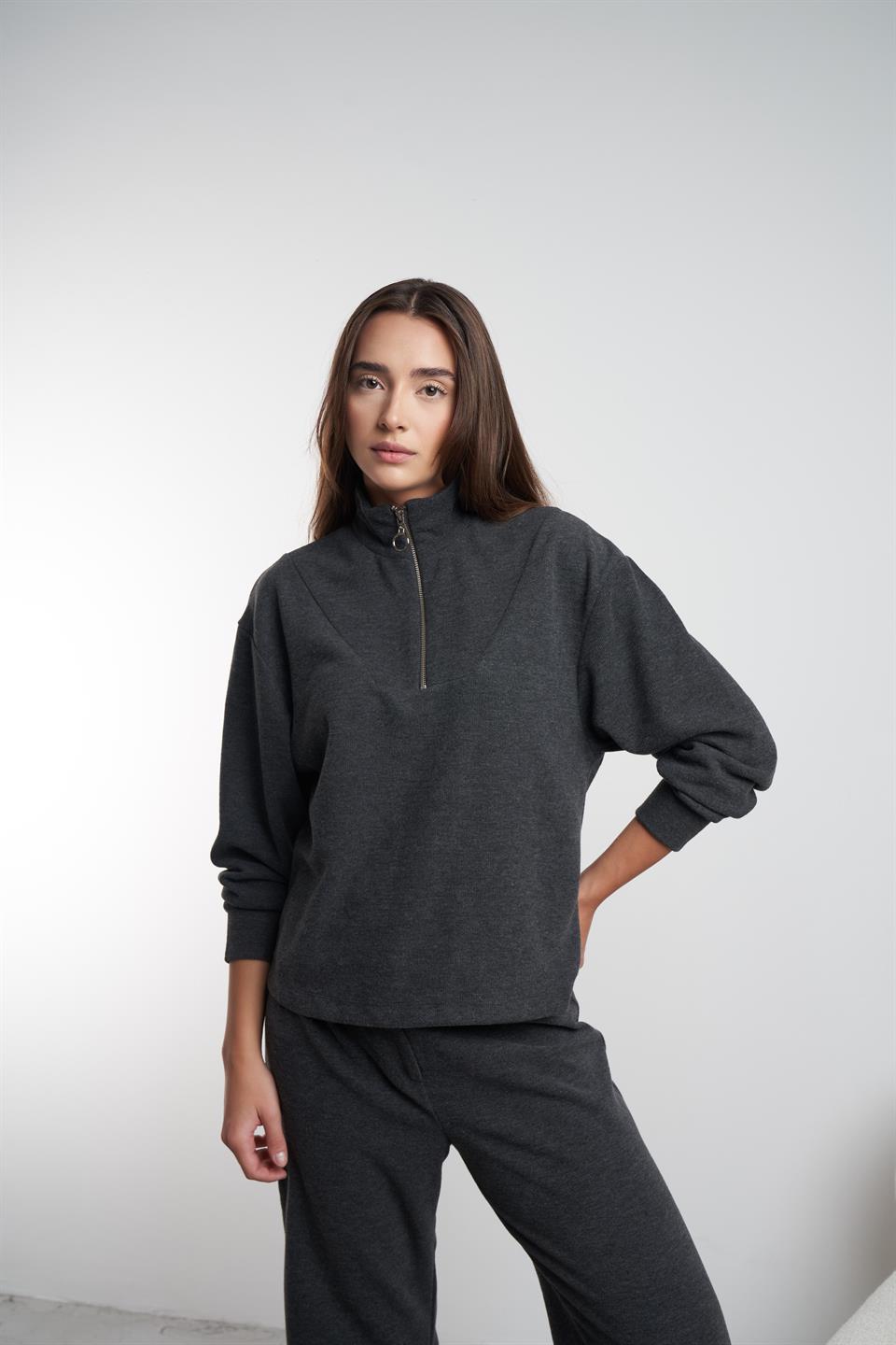 Yarım Fermuar Triko Sweatshirt Antrasit