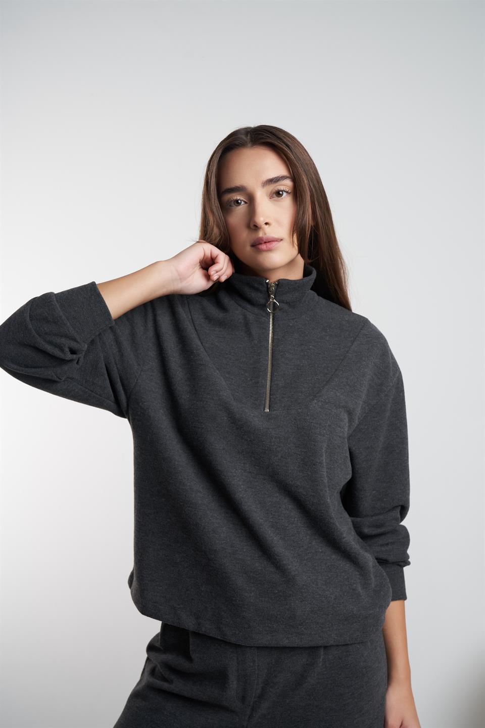 Yarım Fermuar Triko Sweatshirt Antrasit