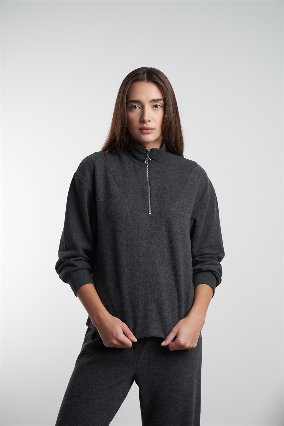 Yarım Fermuar Triko Sweatshirt Antrasit