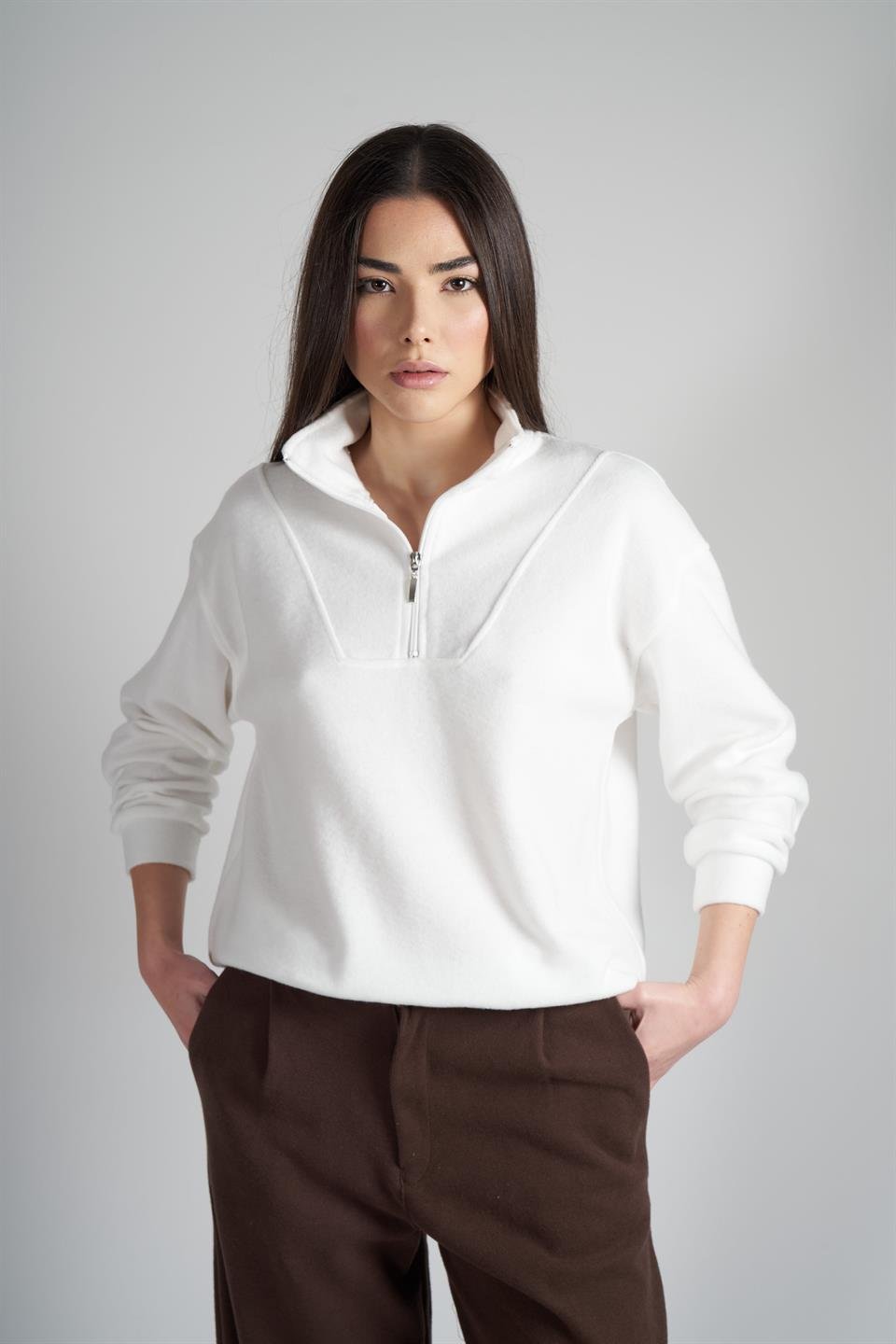 Yarım Fermuar Triko Sweatshirt Ekru