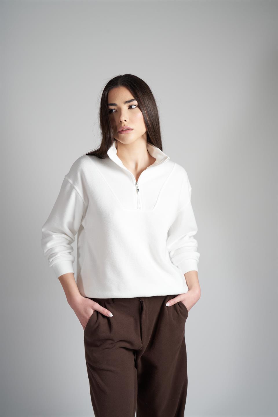 Yarım Fermuar Triko Sweatshirt Ekru