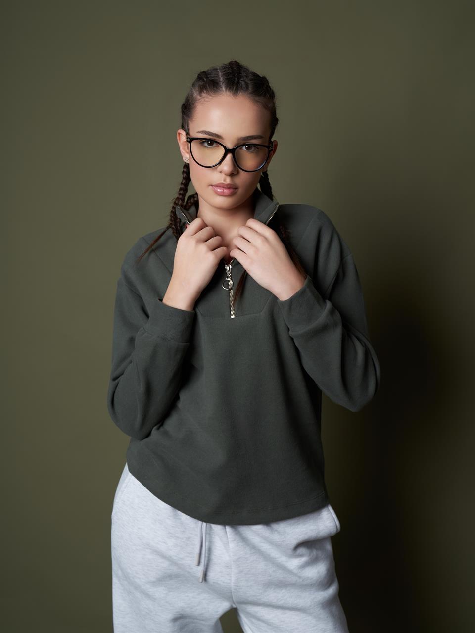 Yarım Fermuar Triko Sweatshirt Haki