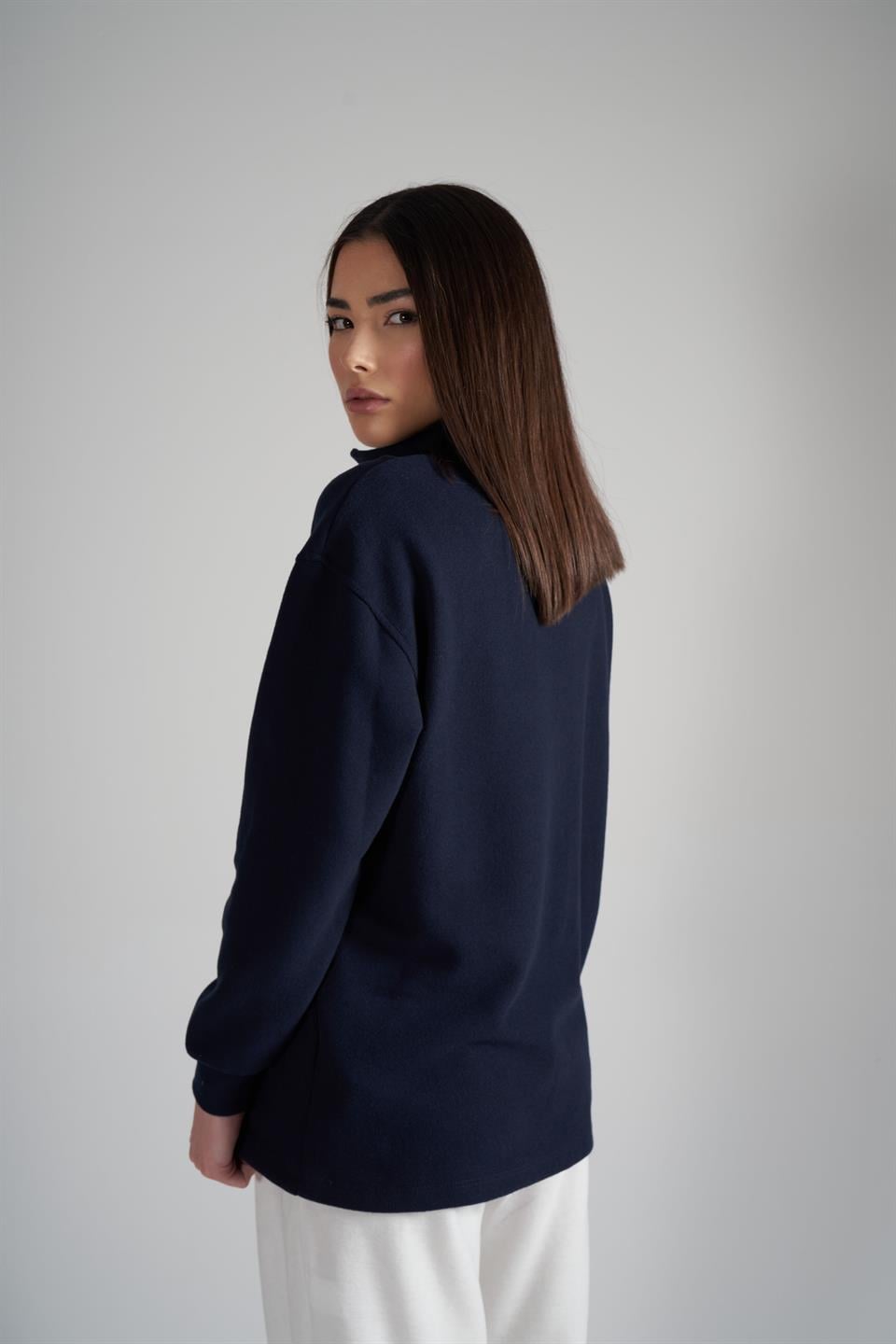 Yarım Fermuar Triko Sweatshirt Koyu Lacivert
