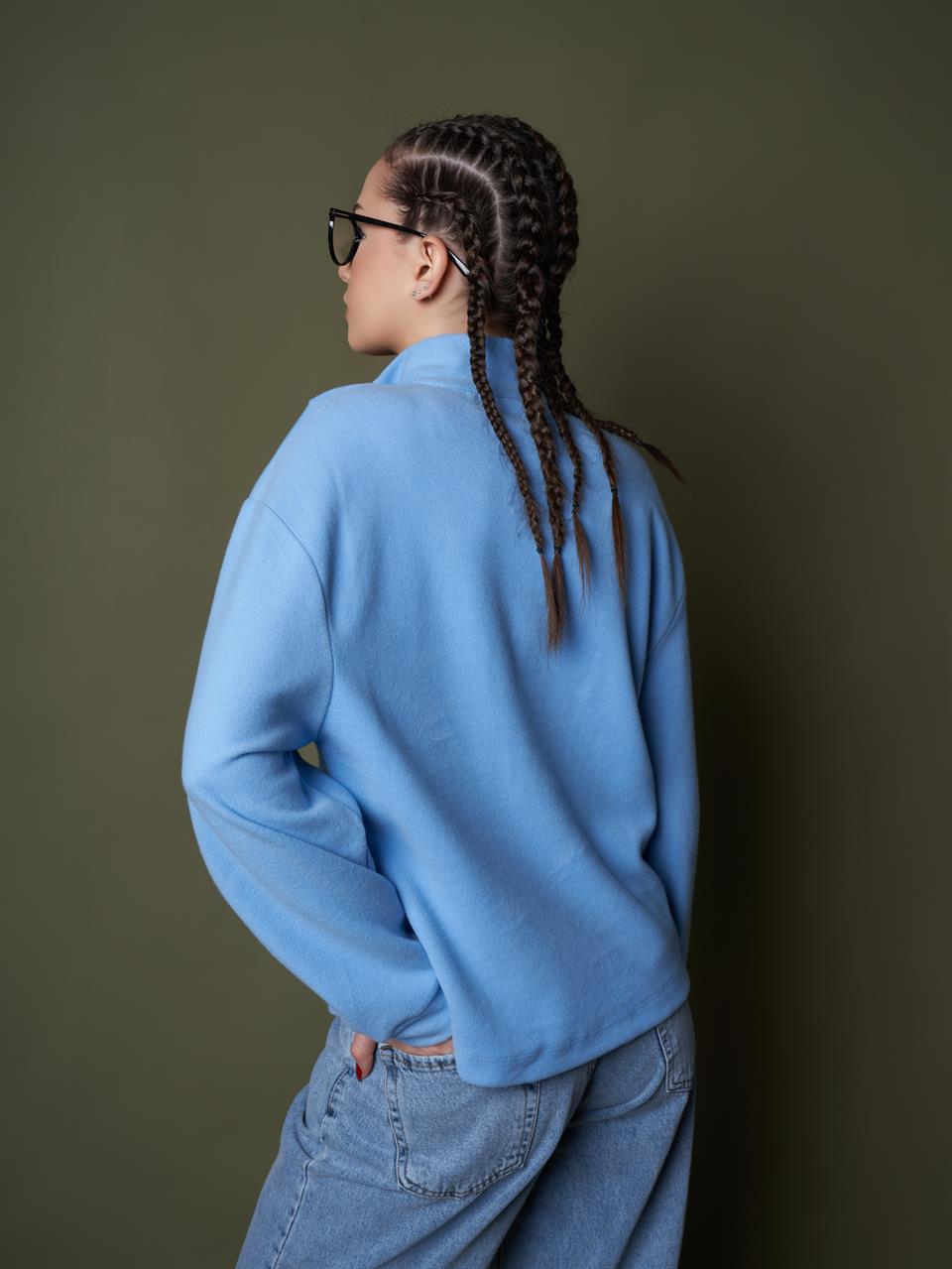 Yarım Fermuar Triko Sweatshirt Mavi