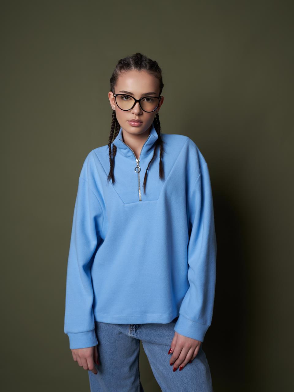 Yarım Fermuar Triko Sweatshirt Mavi