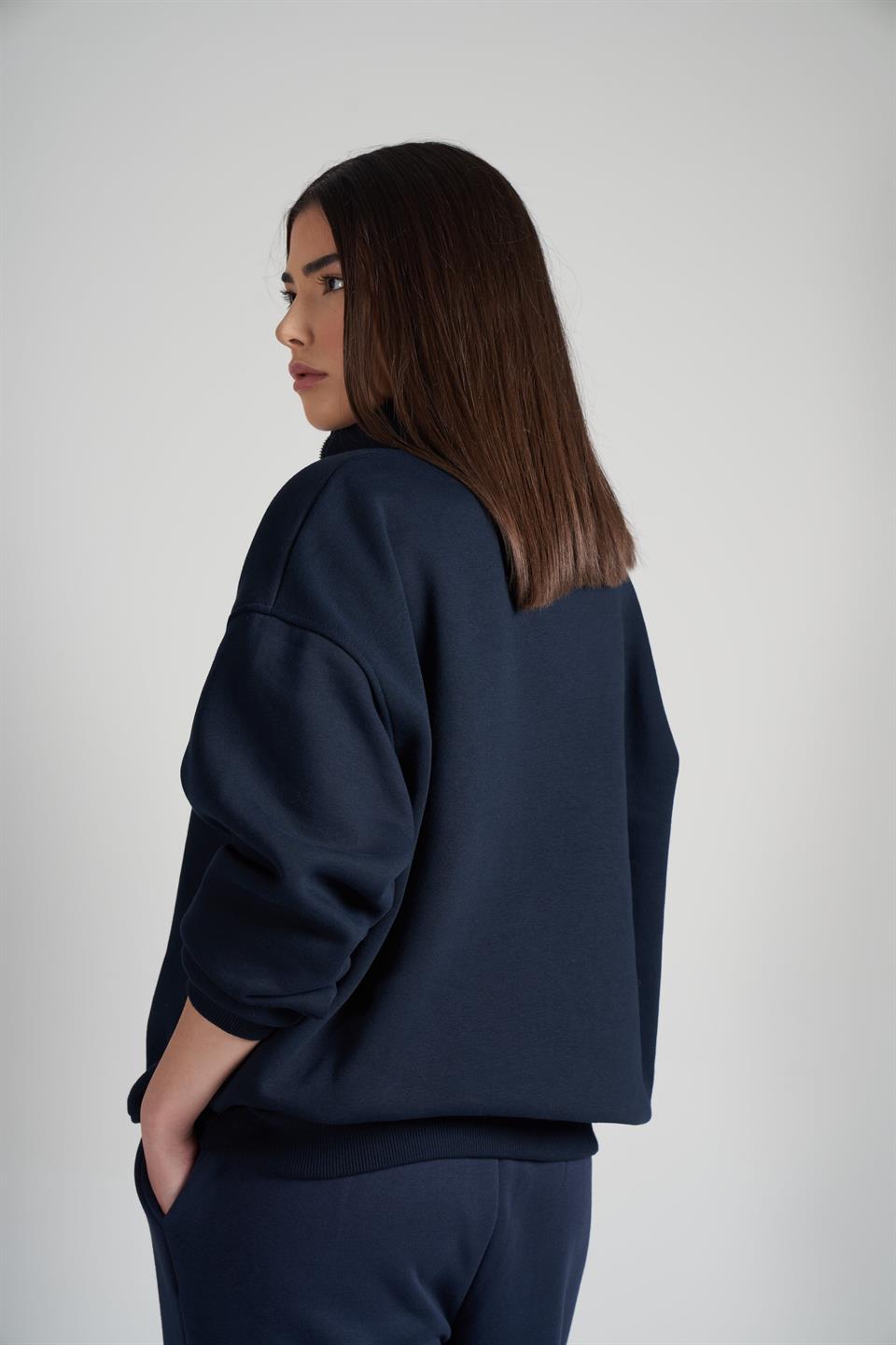 Yarım Fermuarlı Şardonlu Sweatshirt Lacivert
