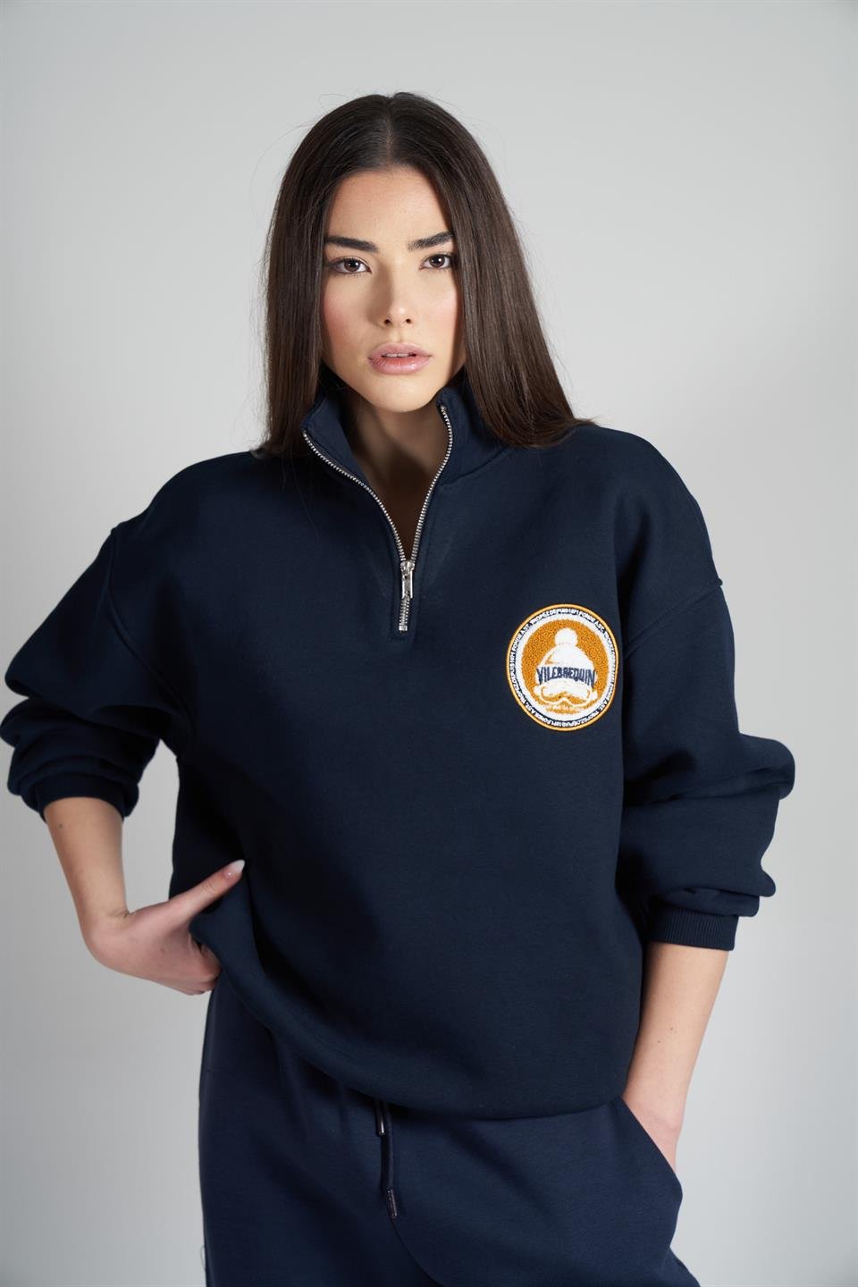 Yarım Fermuarlı Şardonlu Sweatshirt Lacivert