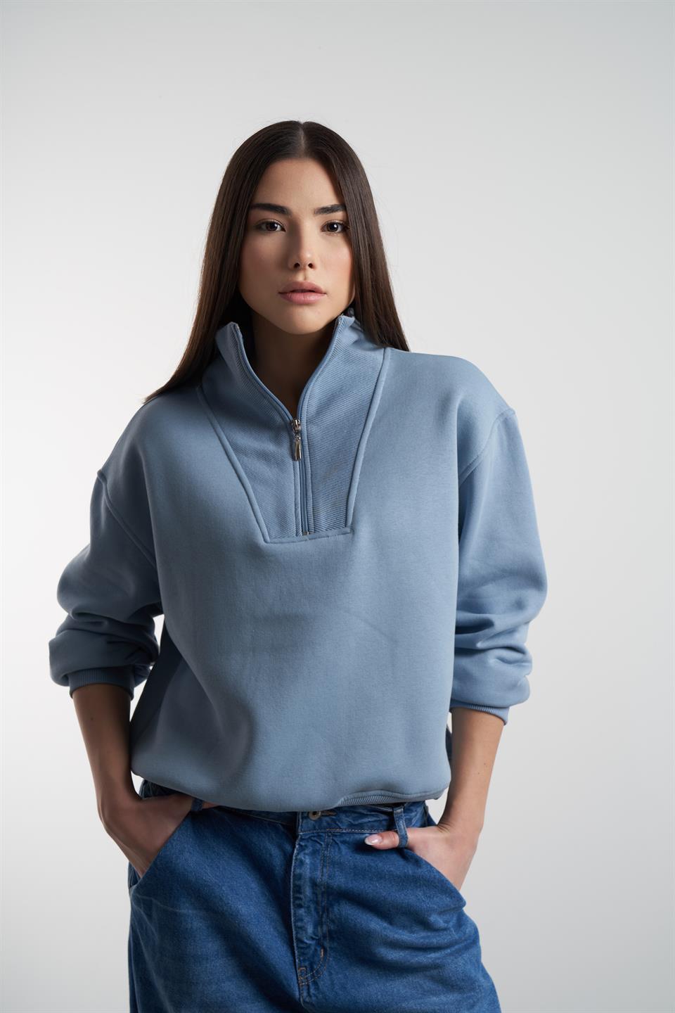 Yarım Fermuarlı Şardonlu Sweatshirt Prada Mavi