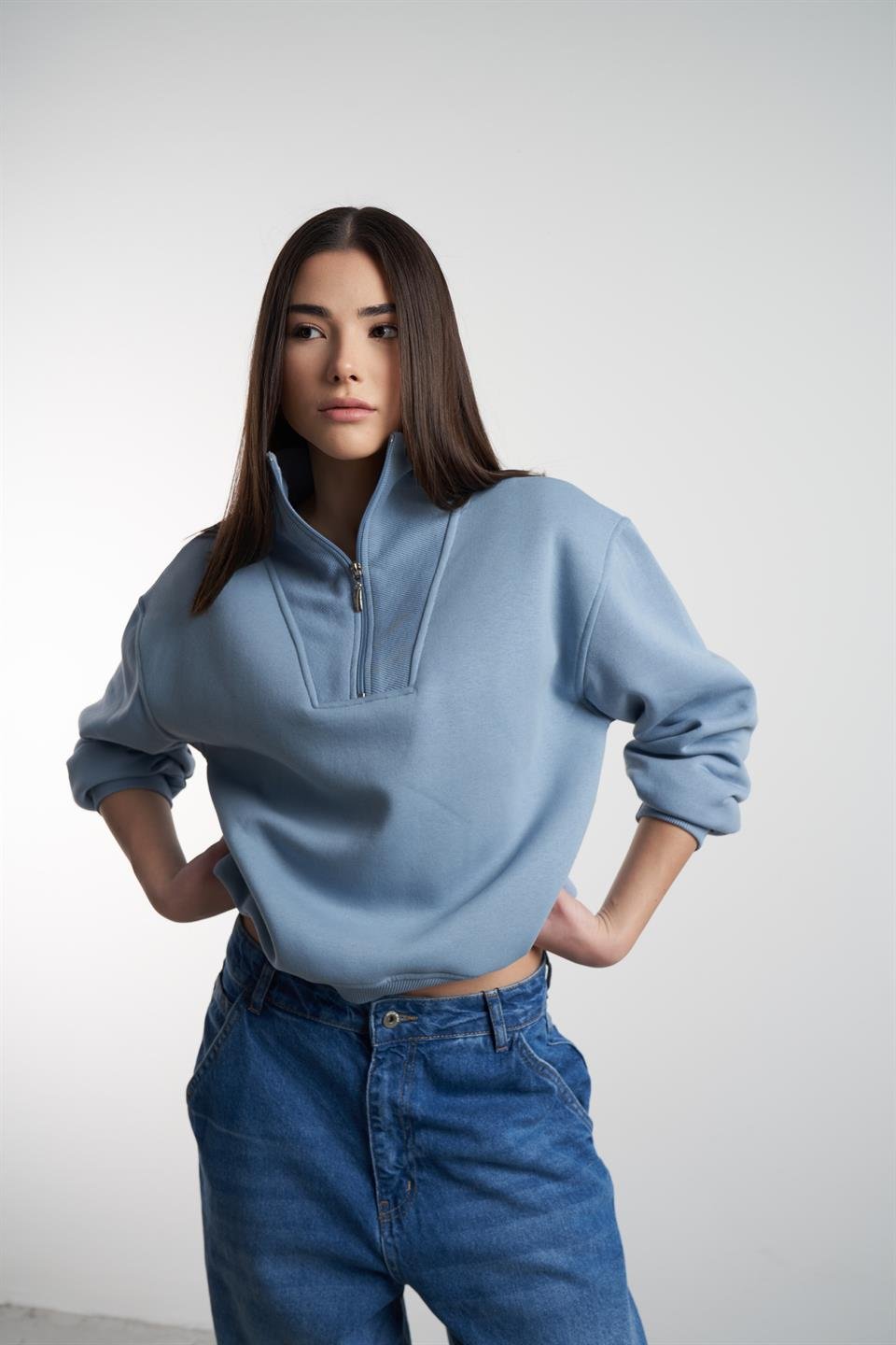 Yarım Fermuarlı Şardonlu Sweatshirt Prada Mavi