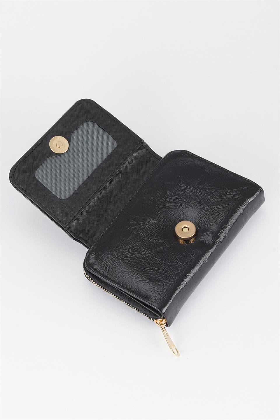 Yarım Kapaklı Parlak Suni Deri Cüzdan Siyah