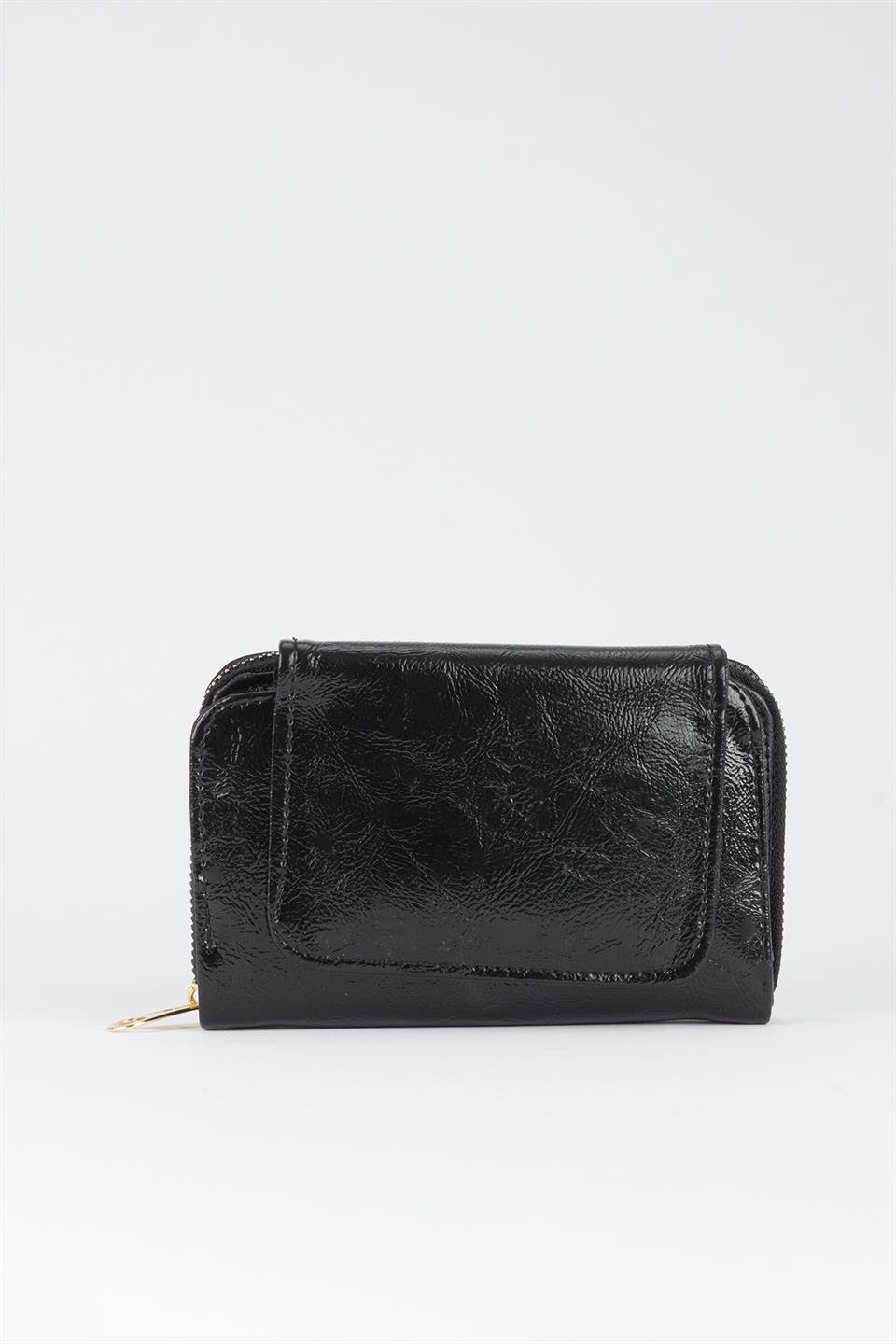 Yarım Kapaklı Parlak Suni Deri Cüzdan Siyah
