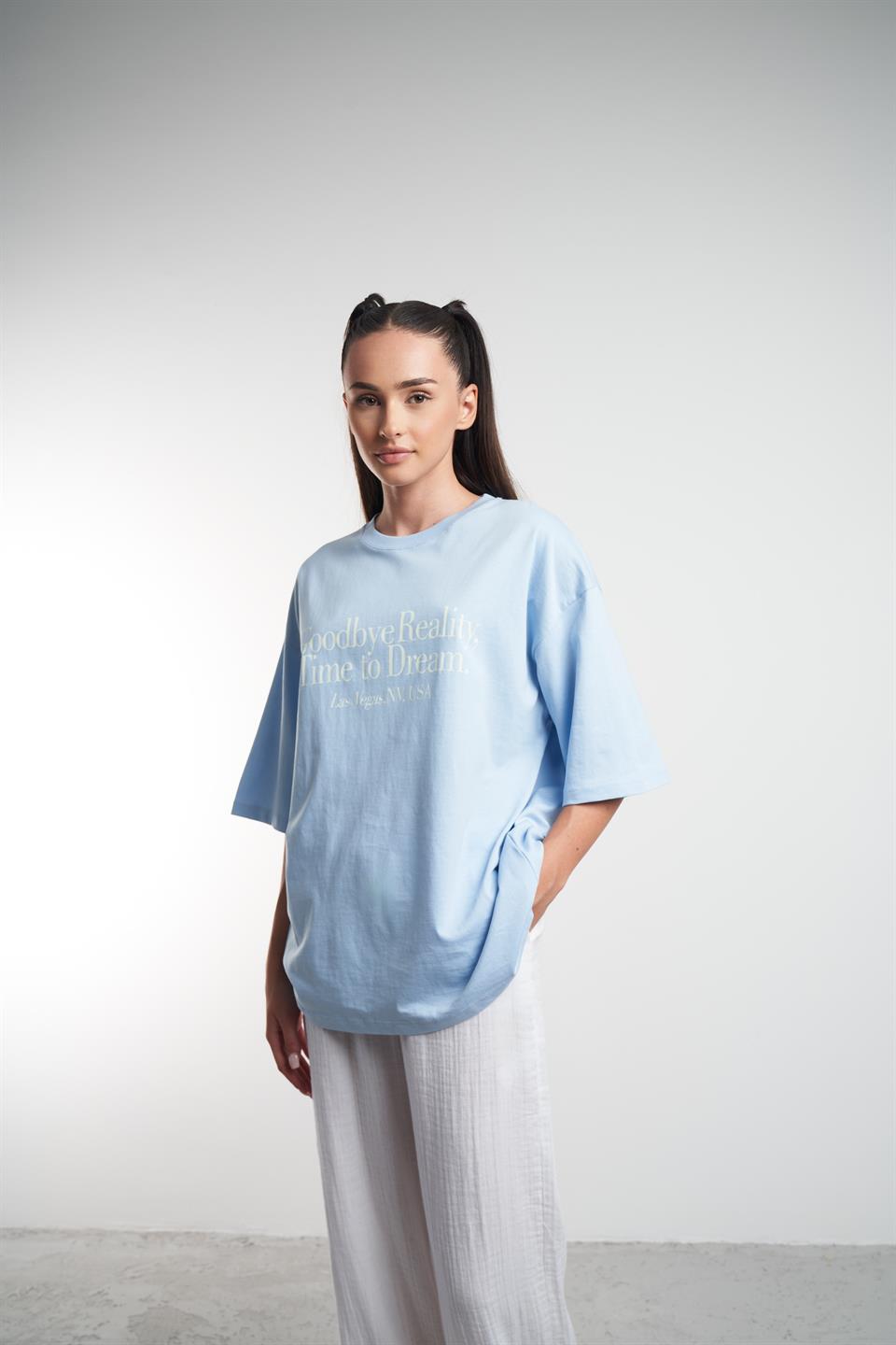 Yazı Baskılı Oversize Kısa Kol T-shirt Bebe Mavi
