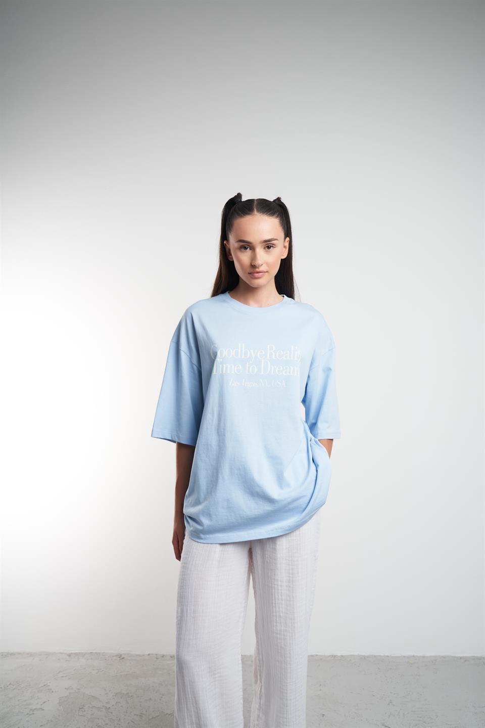 Yazı Baskılı Oversize Kısa Kol T-shirt Bebe Mavi