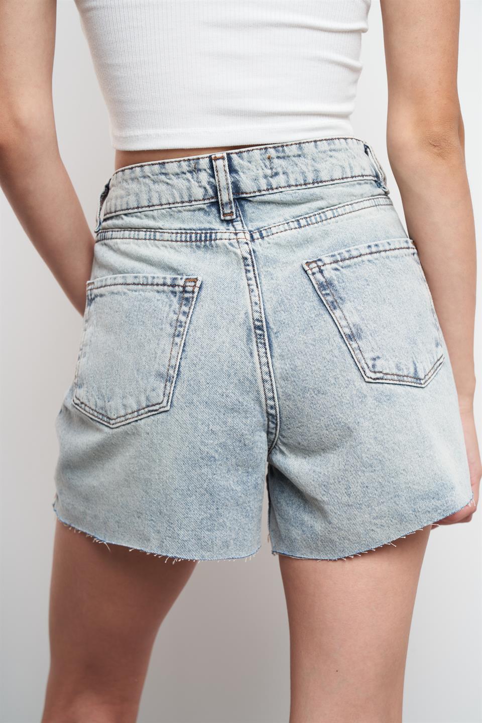 Yıkamalı Lazer Kesim Jean Şort Tint Açık Mavi