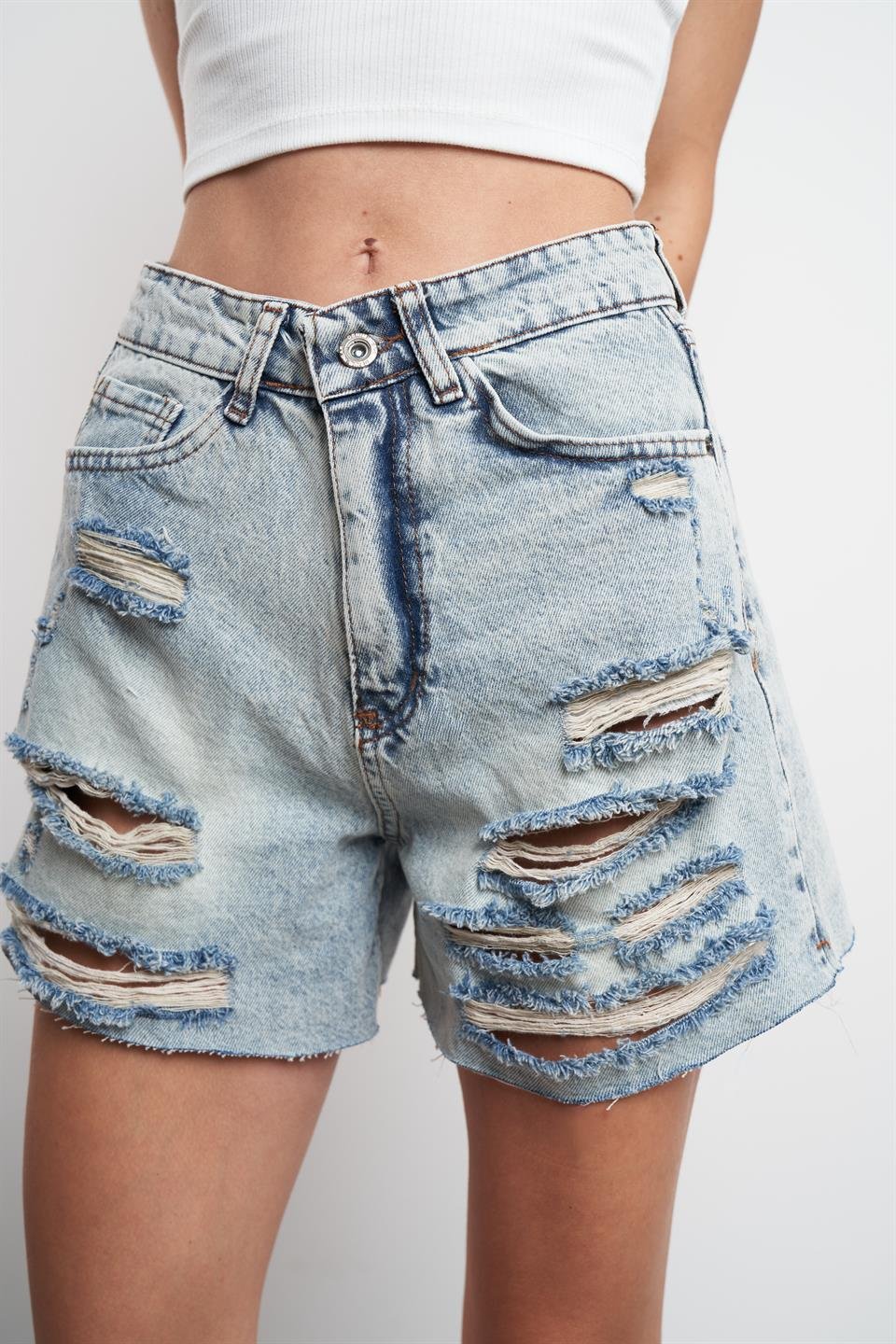 Yıkamalı Lazer Kesim Jean Şort Tint Açık Mavi