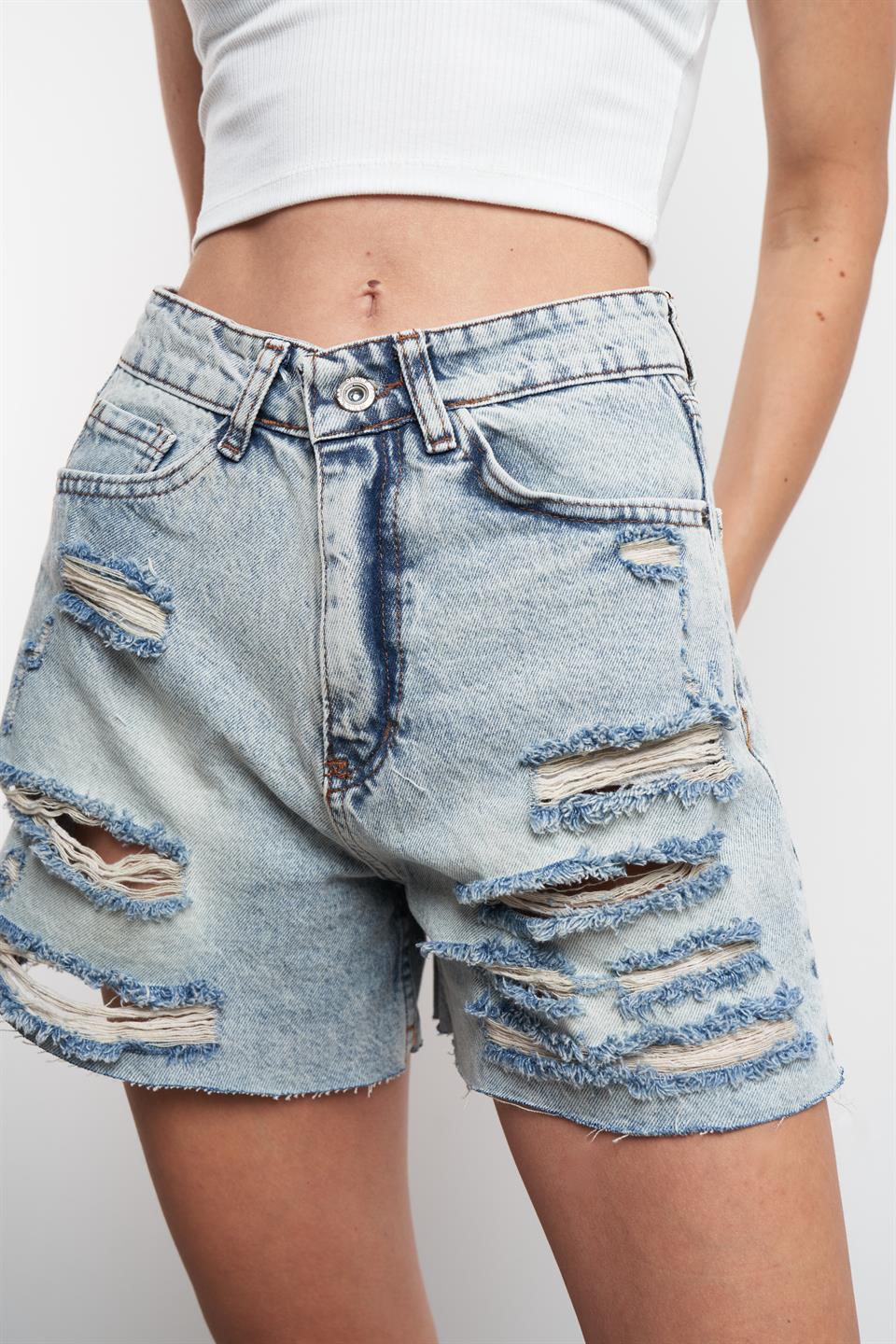 Yıkamalı Lazer Kesim Jean Şort Tint Açık Mavi