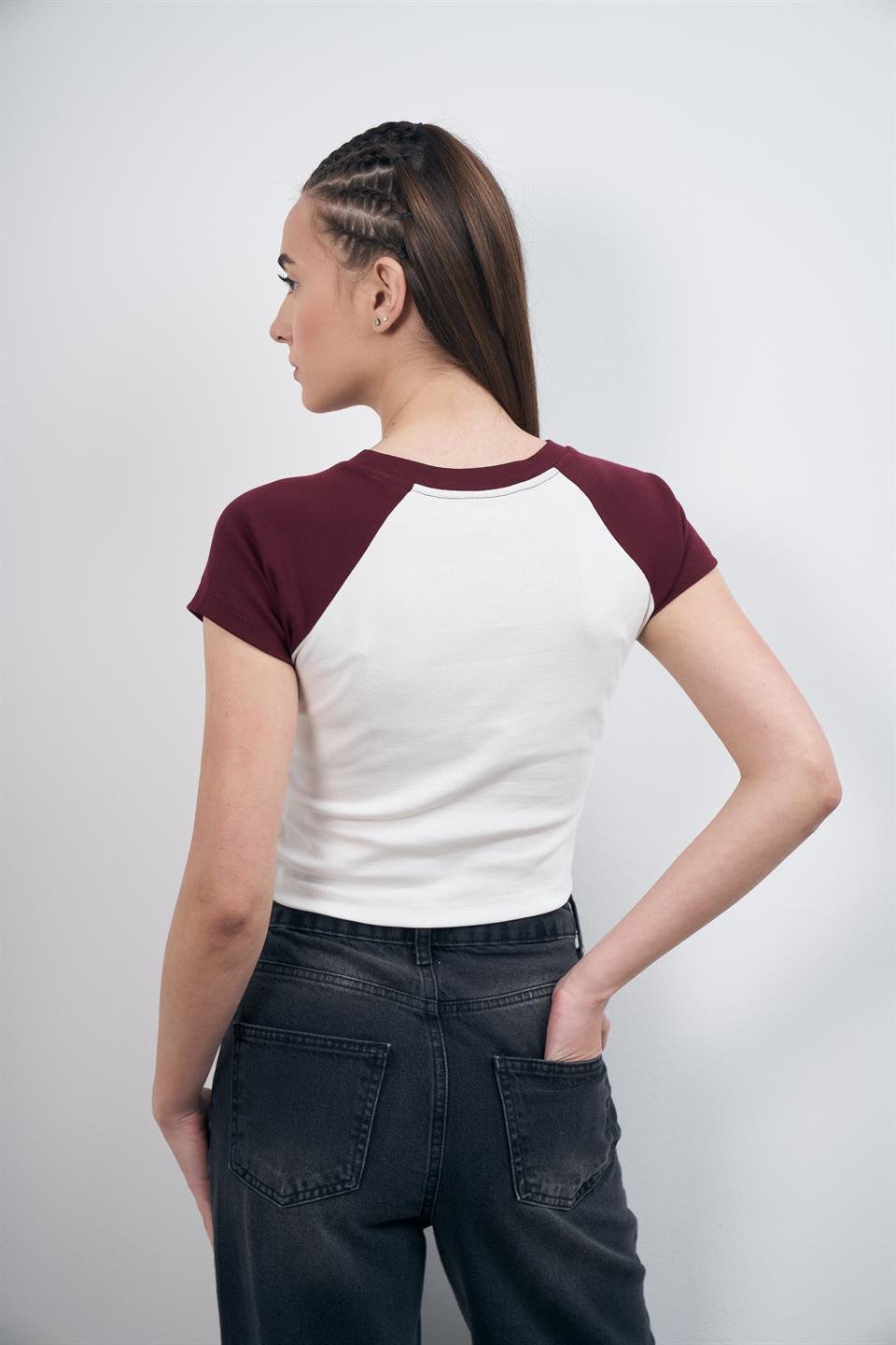 Yıldız Baskılı Ribana Kısa Kol Bluz Ekru-Bordo