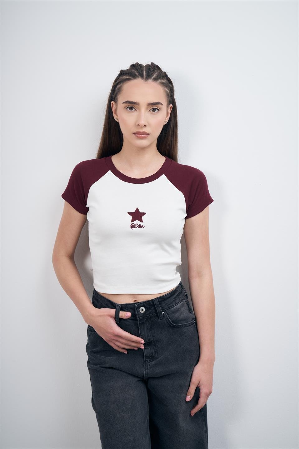 Yıldız Baskılı Ribana Kısa Kol Bluz Ekru-Bordo