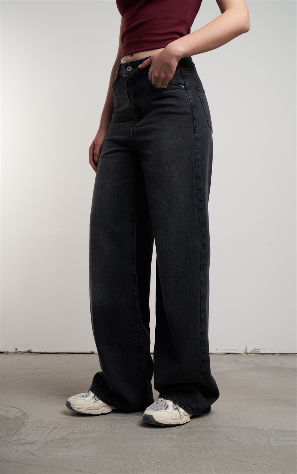 Yüksek Bel Bol Paça Jean Pantolon Siyah