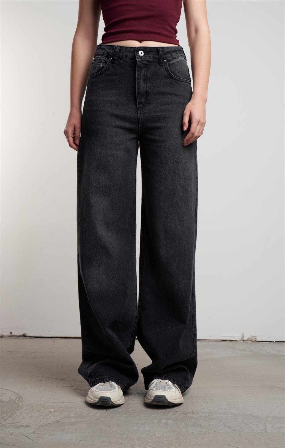 Yüksek Bel Bol Paça Jean Pantolon Siyah