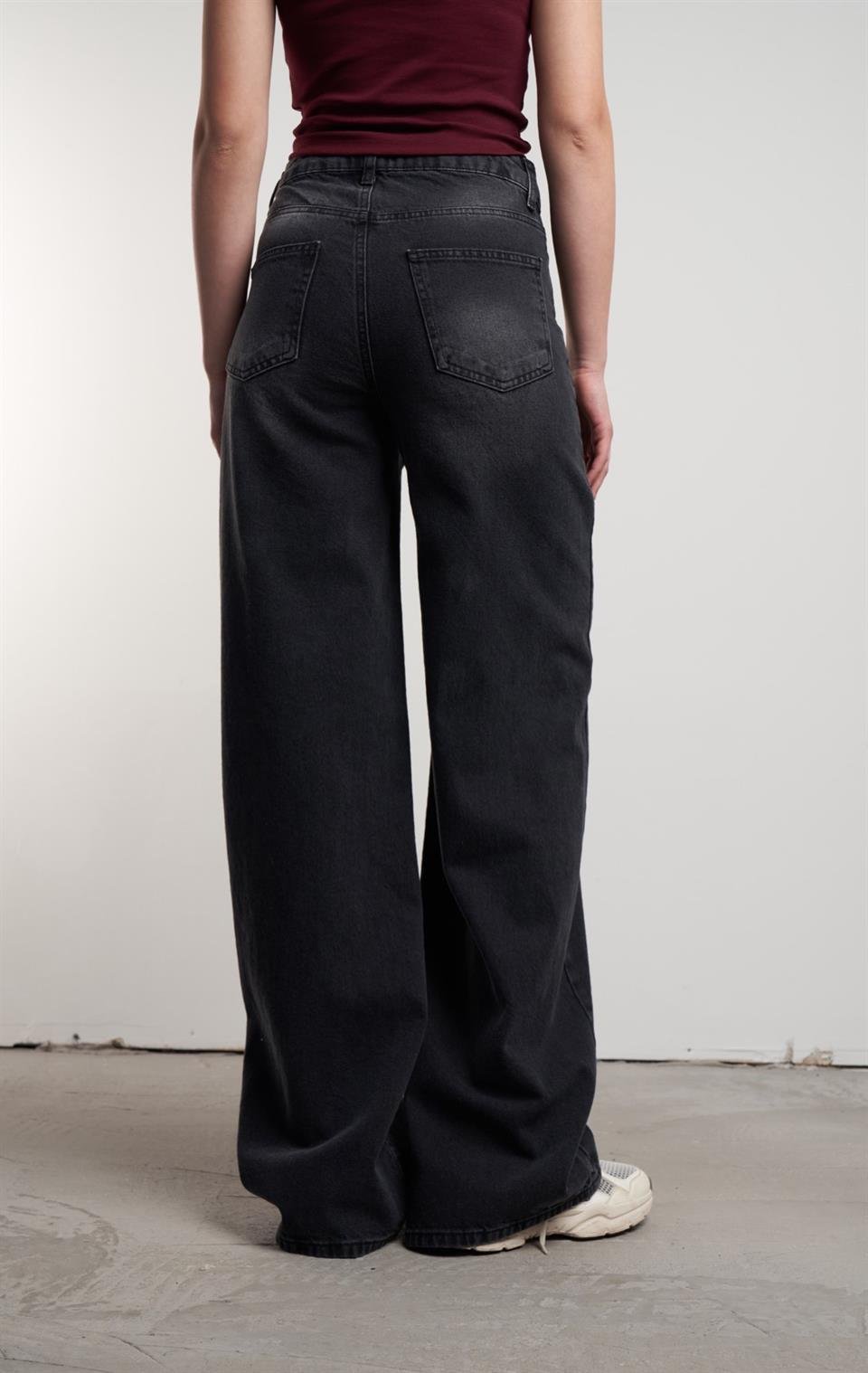 Yüksek Bel Bol Paça Jean Pantolon Siyah