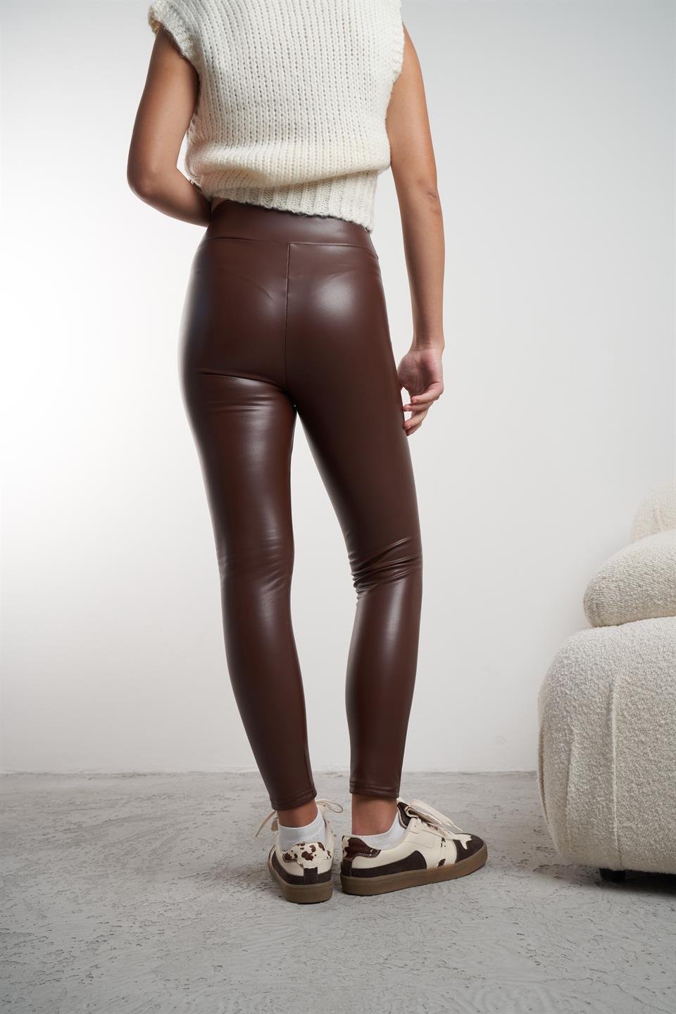 Yüksek Bel Deri Tayt Acı Kahve