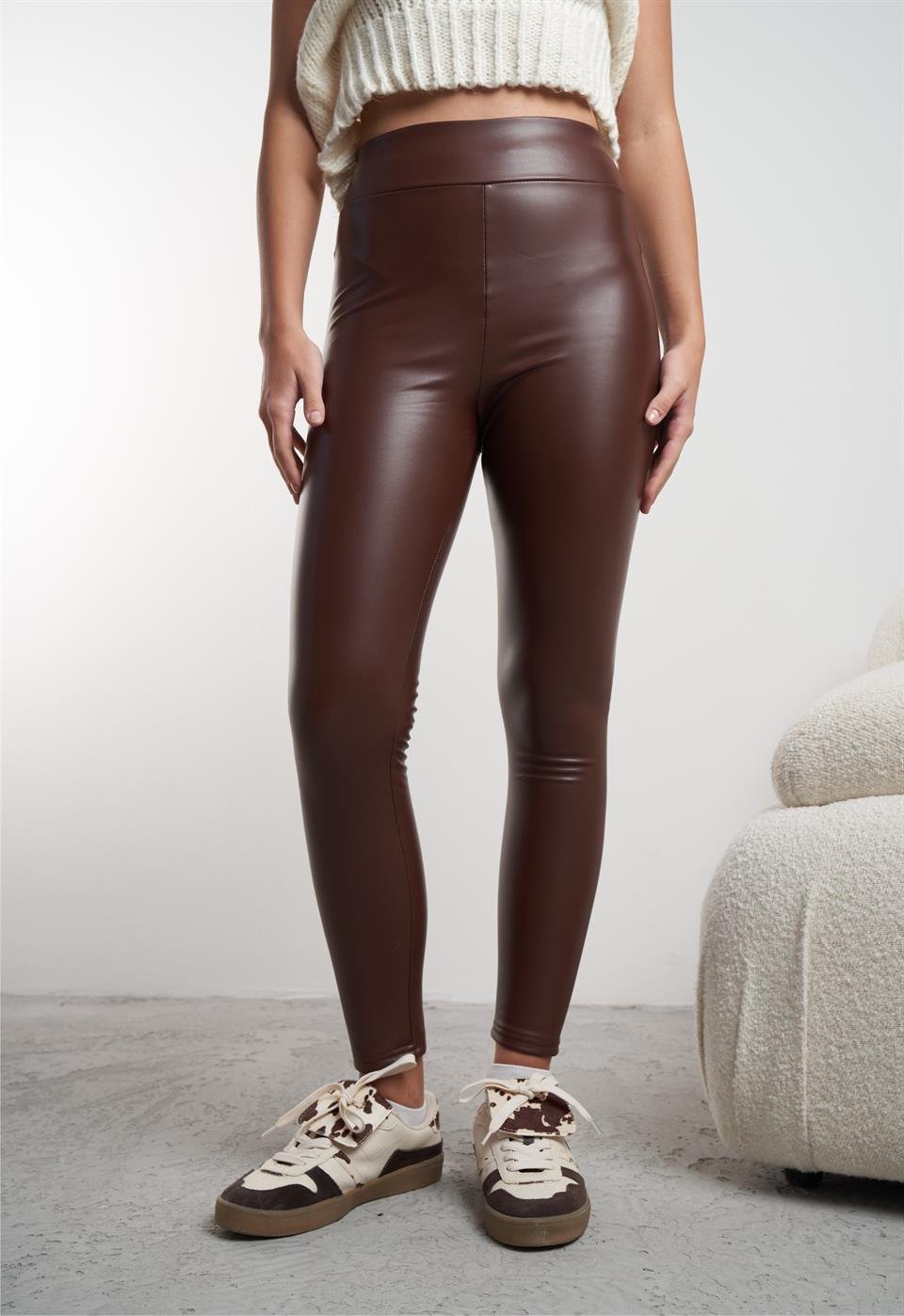 Yüksek Bel Deri Tayt Acı Kahve