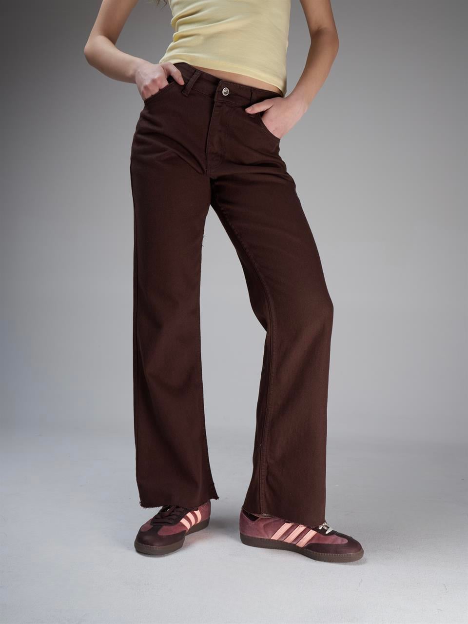 Yüksek Bel Yıkamalı Jean Pantolon Kahve