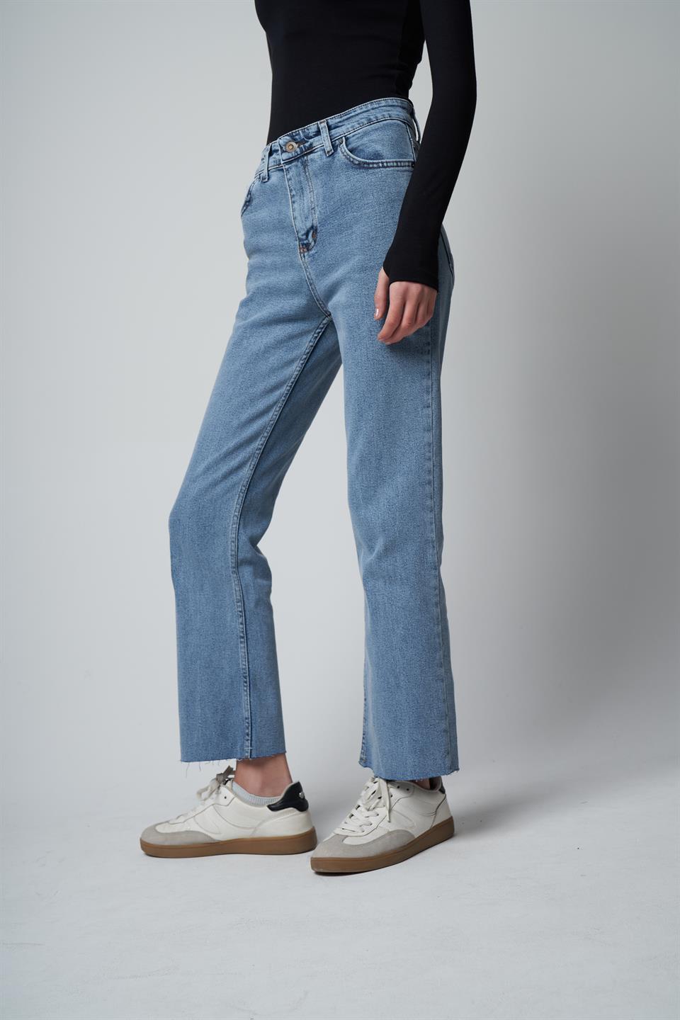 Yüksek Bel Yıkamalı Jean Pantolon Mavi