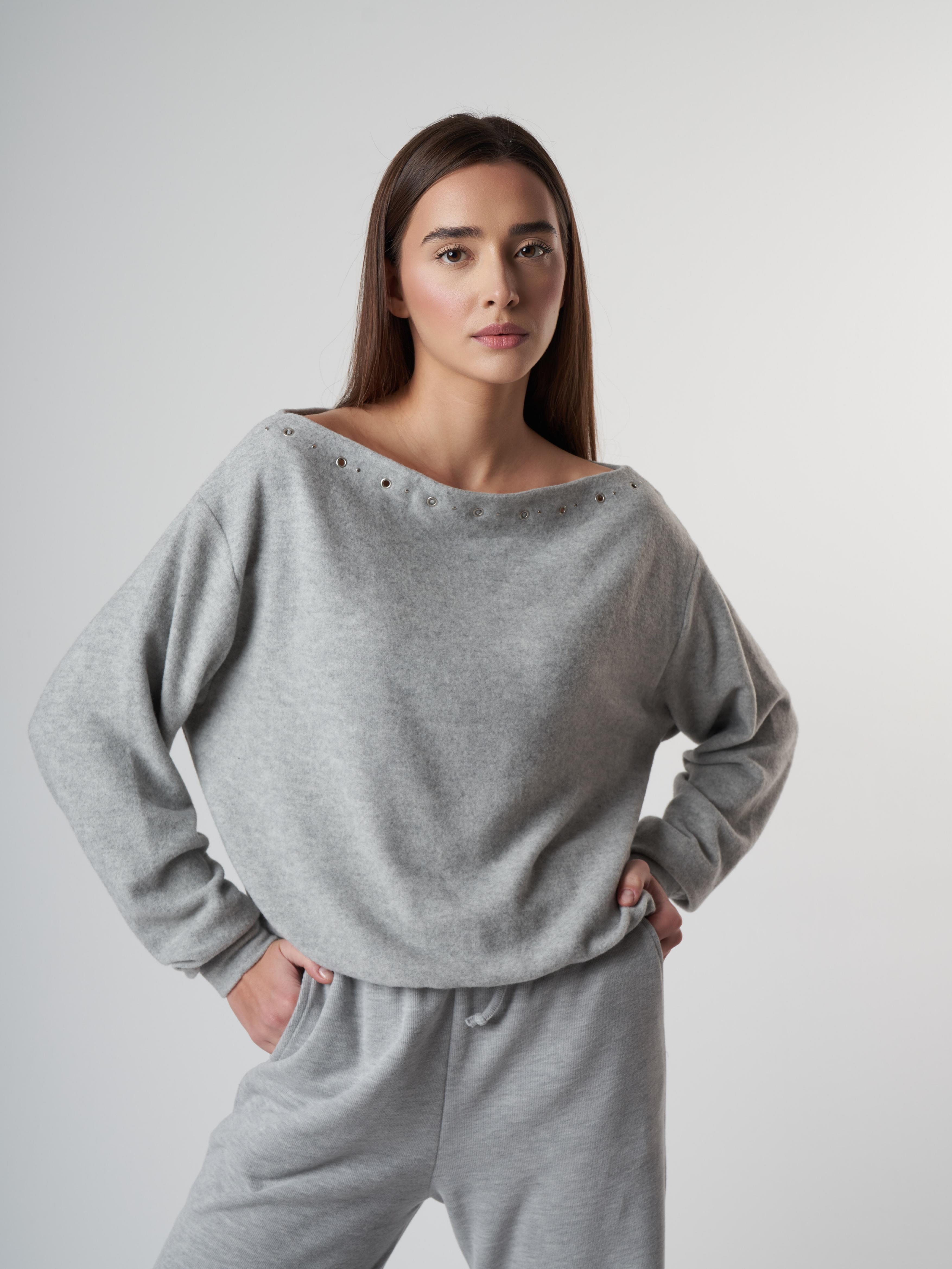 Aksesuar Detaylı Uzun Kol Kısa Bluz Gri Melanj