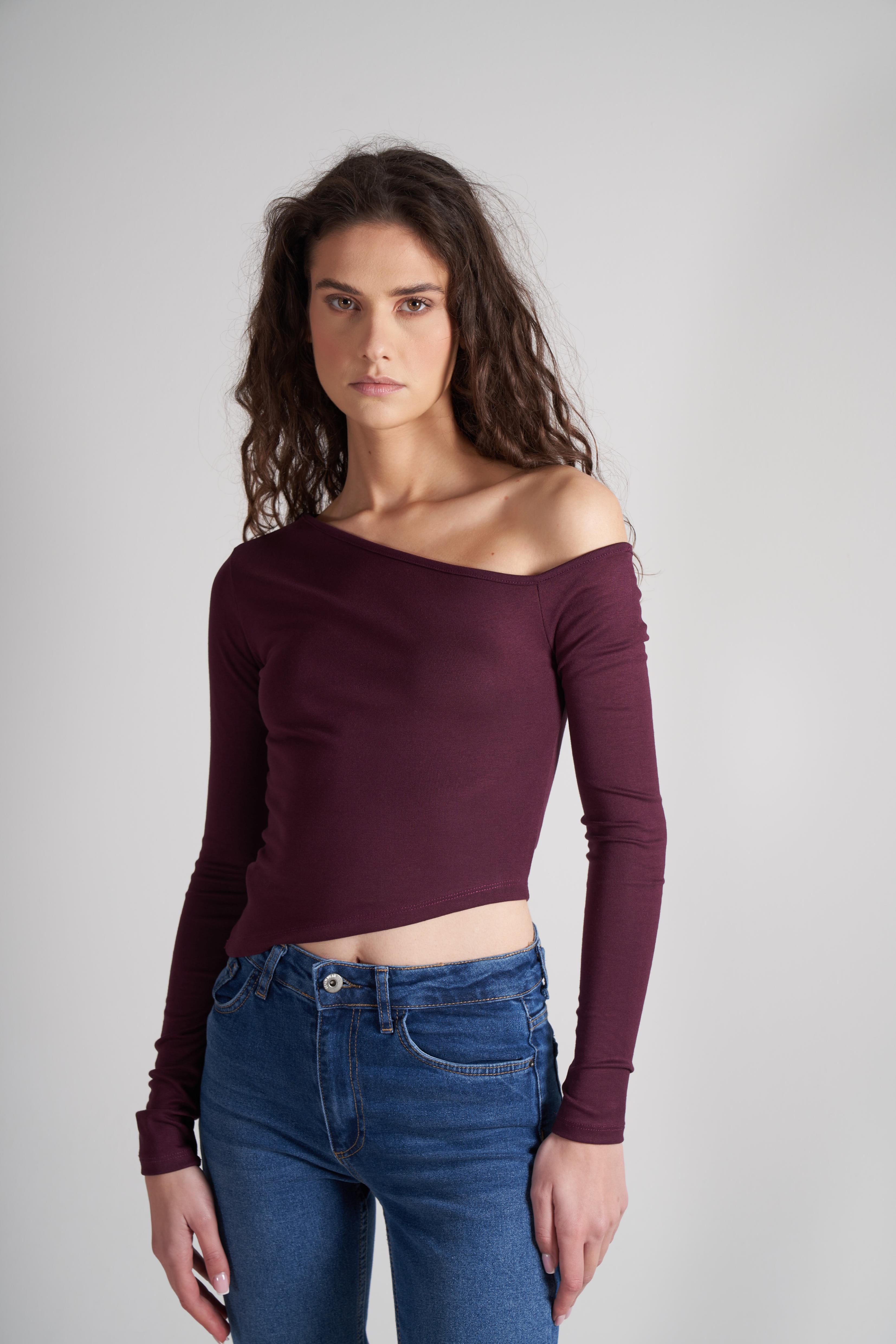 Asimetrik Kesim Uzun Kol Bluz Mürdüm