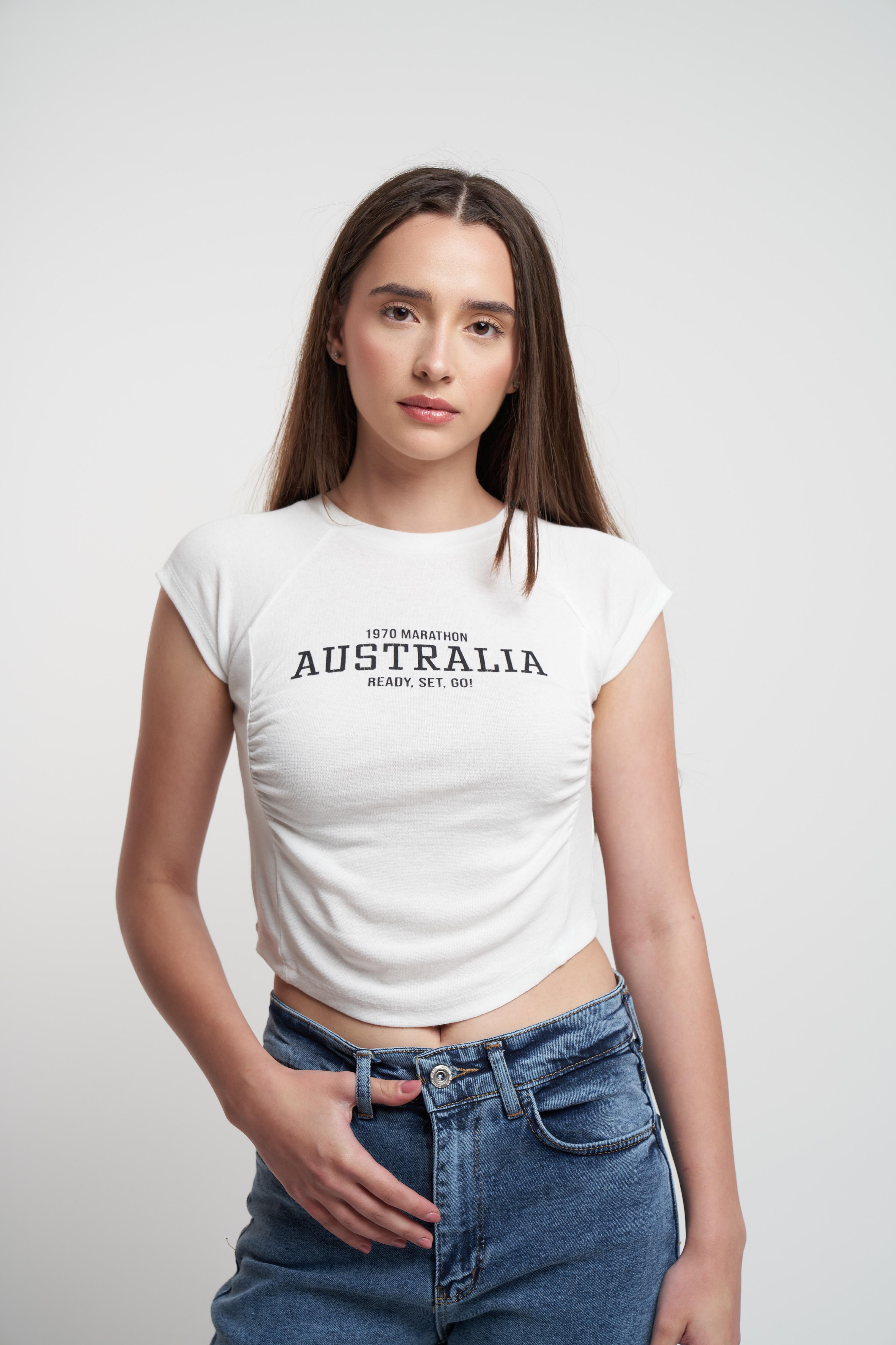 Australia Yazı Baskılı Ribana Bluz Ekru